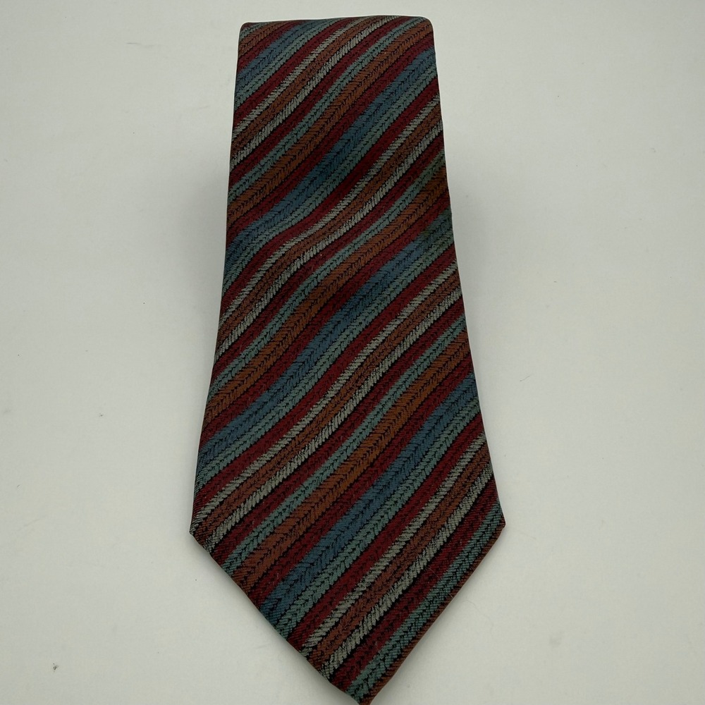 Vtg Oscar de la Renta Mens Necktie Burgundy Blue Rust Striped Textured Tie EUC